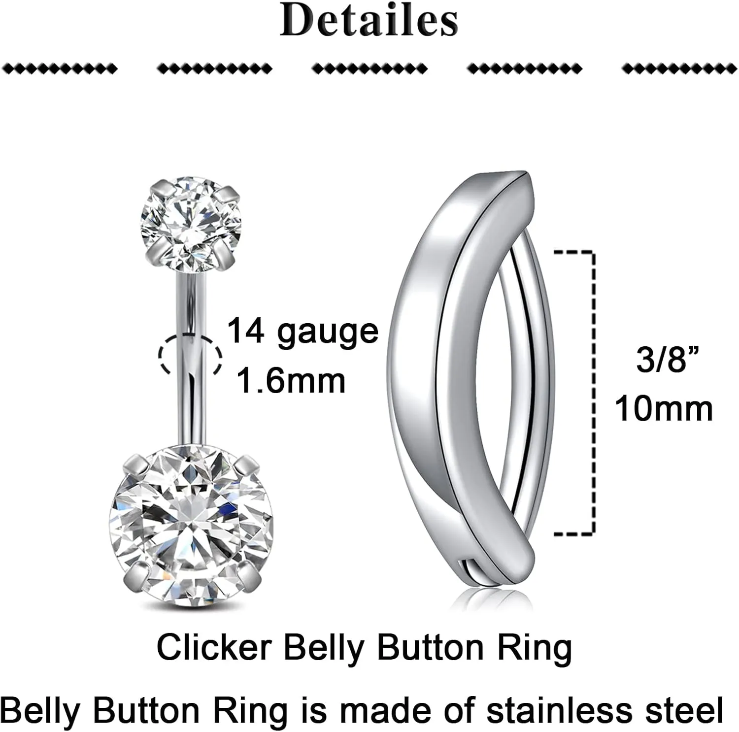 QWALIT Belly Rings - Short Bar Belly Button Rings in Surgical Steel with Opal Stones - 6mm & 10mm