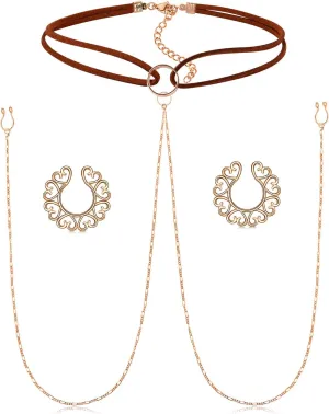 QWALIT Nipple Ring Stainless Steel Non Piercing Nipple Rings Nipplerings with Choker Chain Faux Body Piercing Jewelry for Women