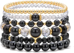 Raicegs 6PCS Beaded Bracelet 14K Gold Pearl Stretch Bracelet Stackable Crystal Beads Bracelets Boho Trendy Jewelry Gift for Women
