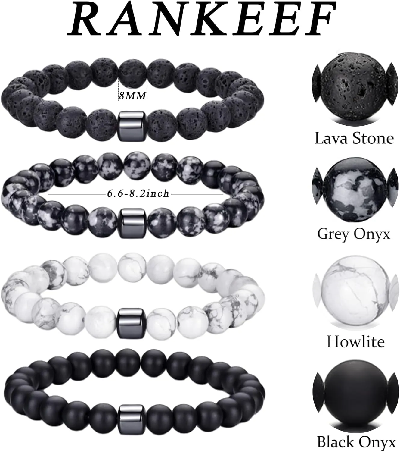 RANKEEF Mens Beaded Bracelets Set 8MM Tiger Eye Lava Stone Stretch Natural Stone Men's Bead Bracelet Mens Bracelet