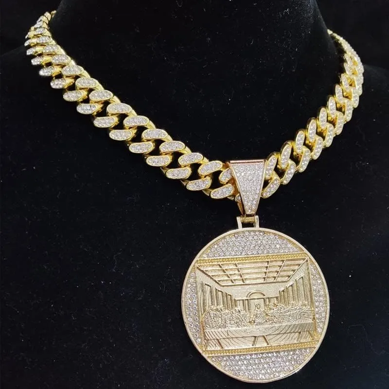 Razered Men Women Hip Hop The Last Supper Pendant Necklace with 13mm Cuban Chain HipHop Iced Out Bling Necklaces Fashion Charm Jewelry - Gold color - 24inch