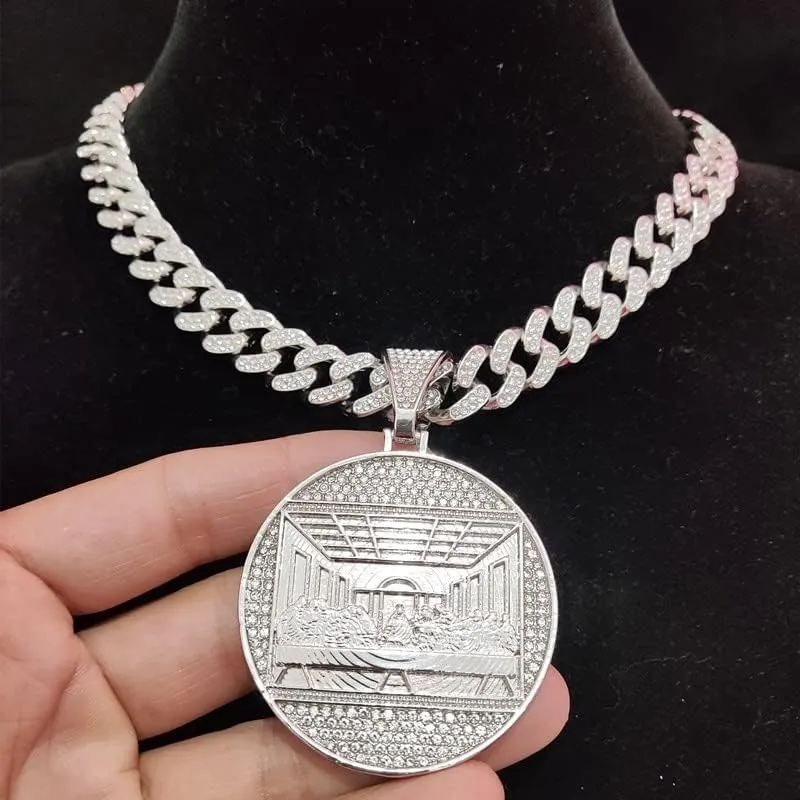 Razered Men Women Hip Hop The Last Supper Pendant Necklace with 13mm Cuban Chain HipHop Iced Out Bling Necklaces Fashion Charm Jewelry - Gold color - 24inch