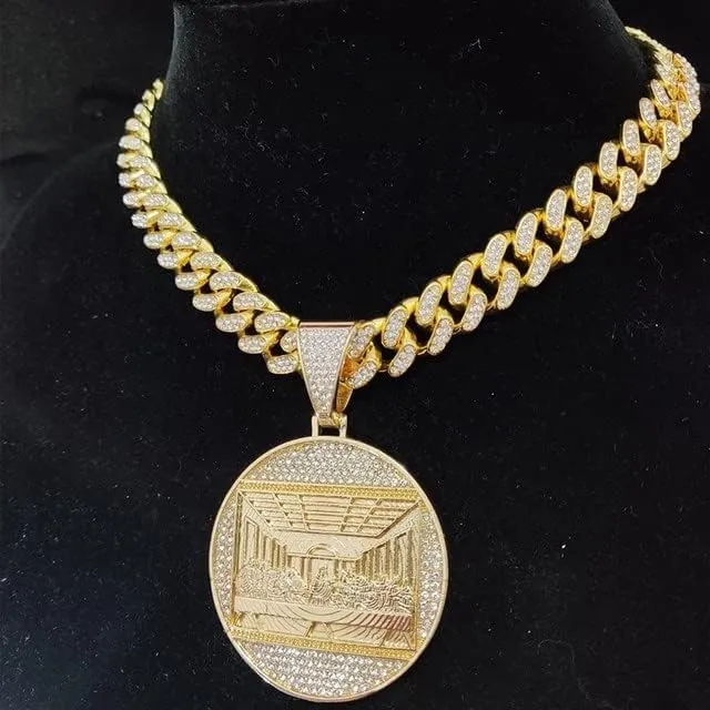 Razered Men Women Hip Hop The Last Supper Pendant Necklace with 13mm Cuban Chain HipHop Iced Out Bling Necklaces Fashion Charm Jewelry - Gold color - 24inch