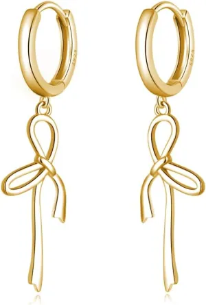 Reffeer Solid 925 Sterling Silver Bow Hoop Earrings Drops for Women Teens Bowknot Hoop Earrings Ribbon Huggie