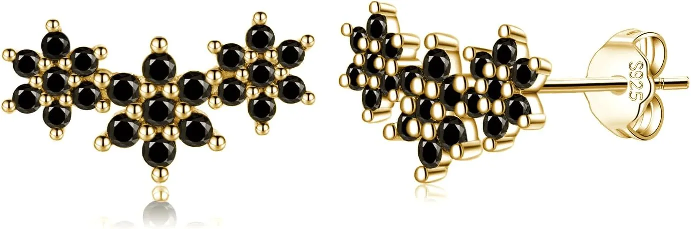 Reffeer Solid 925 Sterling Silver CZ Flower Stud Earrings for Women Teens Black Flower Stud Earrings Spring Cartilage Helix Earrings