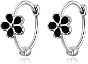 Reffeer Solid 925 Sterling Silver Daisy Flower Hoop Earrings Huggie for Women Teens Black Flower Hoop Earrings Spring Cartilage Helix Earrings