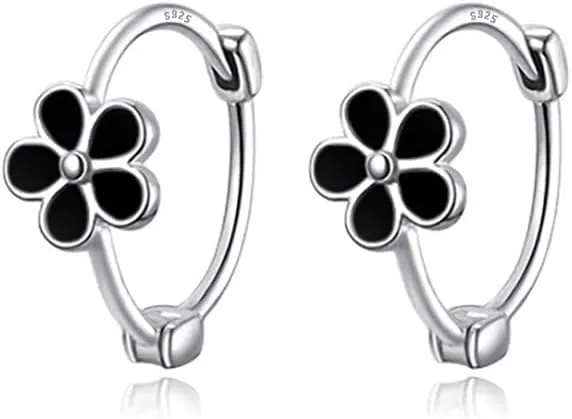 Reffeer Solid 925 Sterling Silver Daisy Flower Hoop Earrings Huggie for Women Teens Black Flower Hoop Earrings Spring Cartilage Helix Earrings