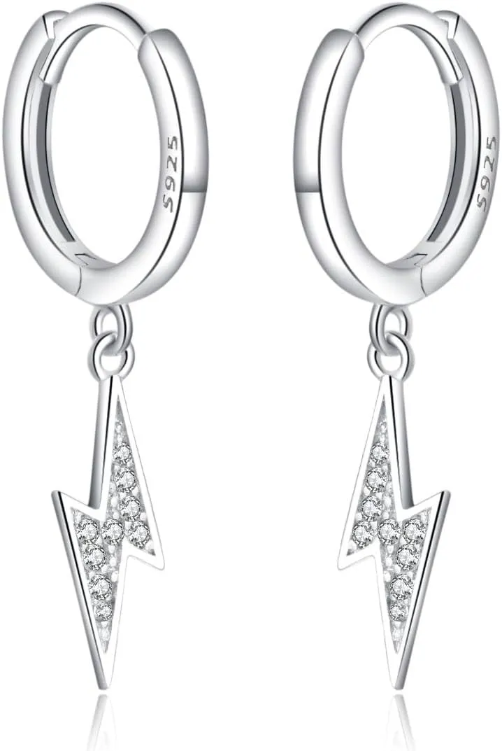 Reffeer Solid 925 Sterling Silver Lightning Bolt Drop Hoop Earrings for Women Teens CZ Lightning Bolt Hoop Earrings Huggie