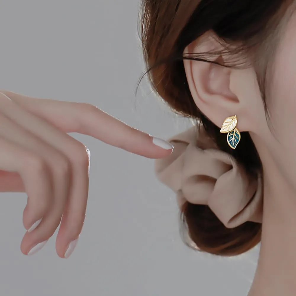 Reffeer Solid 925 Sterling Silver Small Leaf Stud Earrings for Women Teens Blue Leaf Stud Earrings Spring