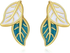 Reffeer Solid 925 Sterling Silver Small Leaf Stud Earrings for Women Teens Blue Leaf Stud Earrings Spring