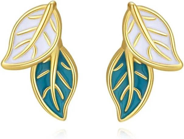 Reffeer Solid 925 Sterling Silver Small Leaf Stud Earrings for Women Teens Blue Leaf Stud Earrings Spring