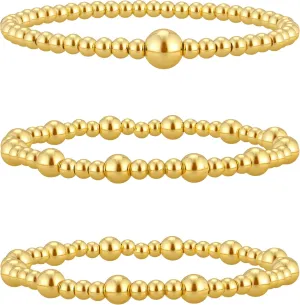 Reoxvo Gold Beaded Bracelets for Women Non Tarnish Stack 14K Gold Plated Stretch Elastic Bead Ball Bracelet Jewelry Set for Women Trendy