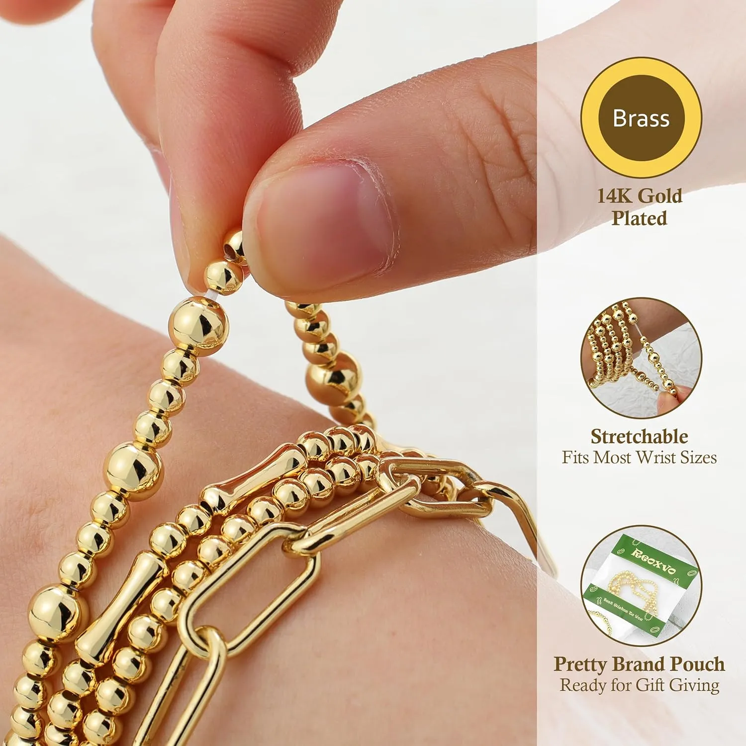 Reoxvo Gold Beaded Bracelets for Women Non Tarnish Stack 14K Gold Plated Stretch Elastic Bead Ball Bracelet Jewelry Set for Women Trendy