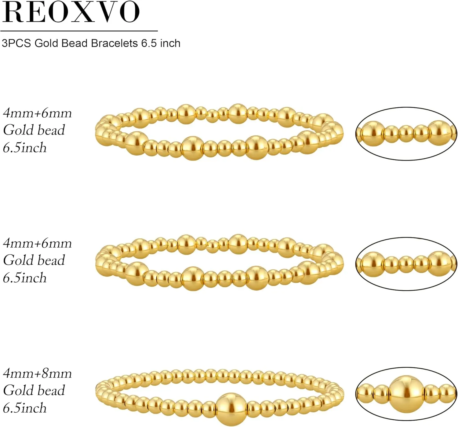 Reoxvo Gold Beaded Bracelets for Women Non Tarnish Stack 14K Gold Plated Stretch Elastic Bead Ball Bracelet Jewelry Set for Women Trendy