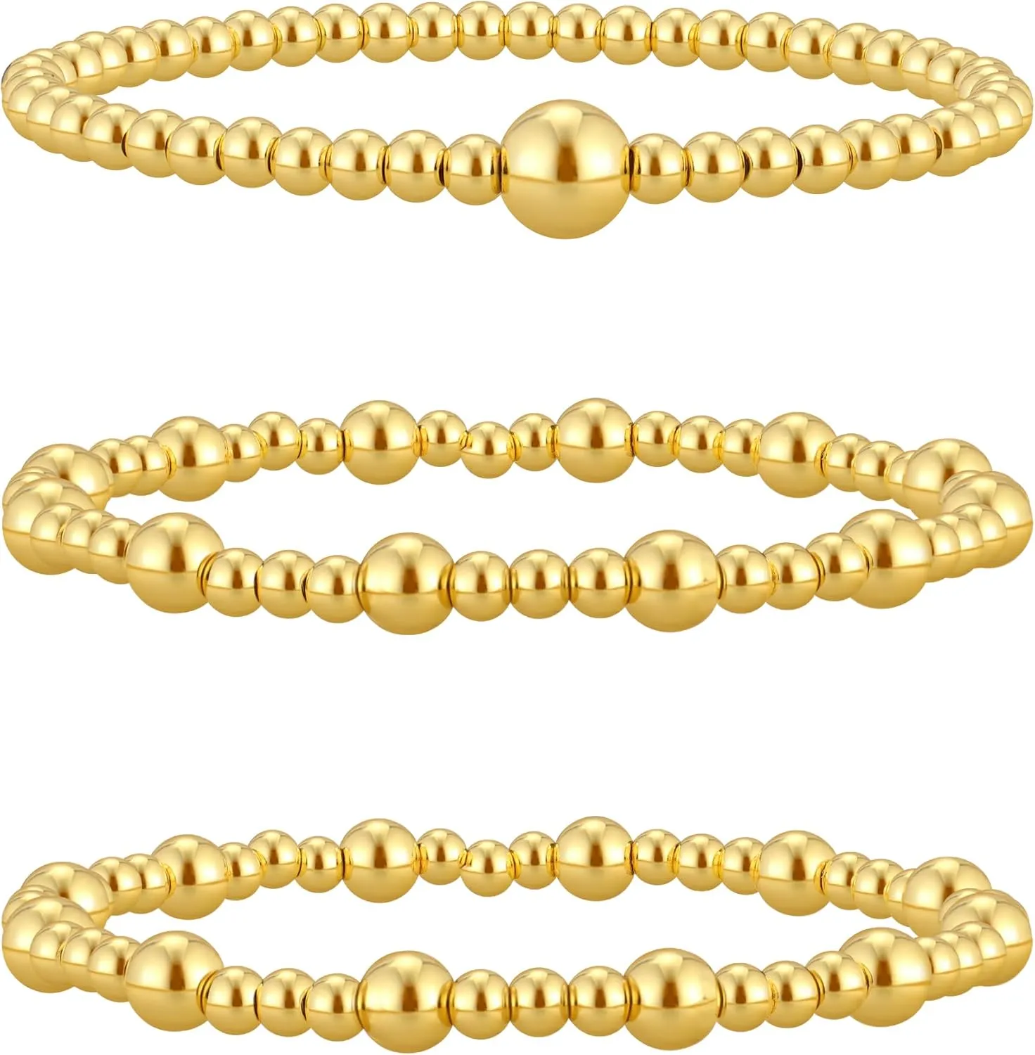 Reoxvo Gold Beaded Bracelets for Women Non Tarnish Stack 14K Gold Plated Stretch Elastic Bead Ball Bracelet Jewelry Set for Women Trendy
