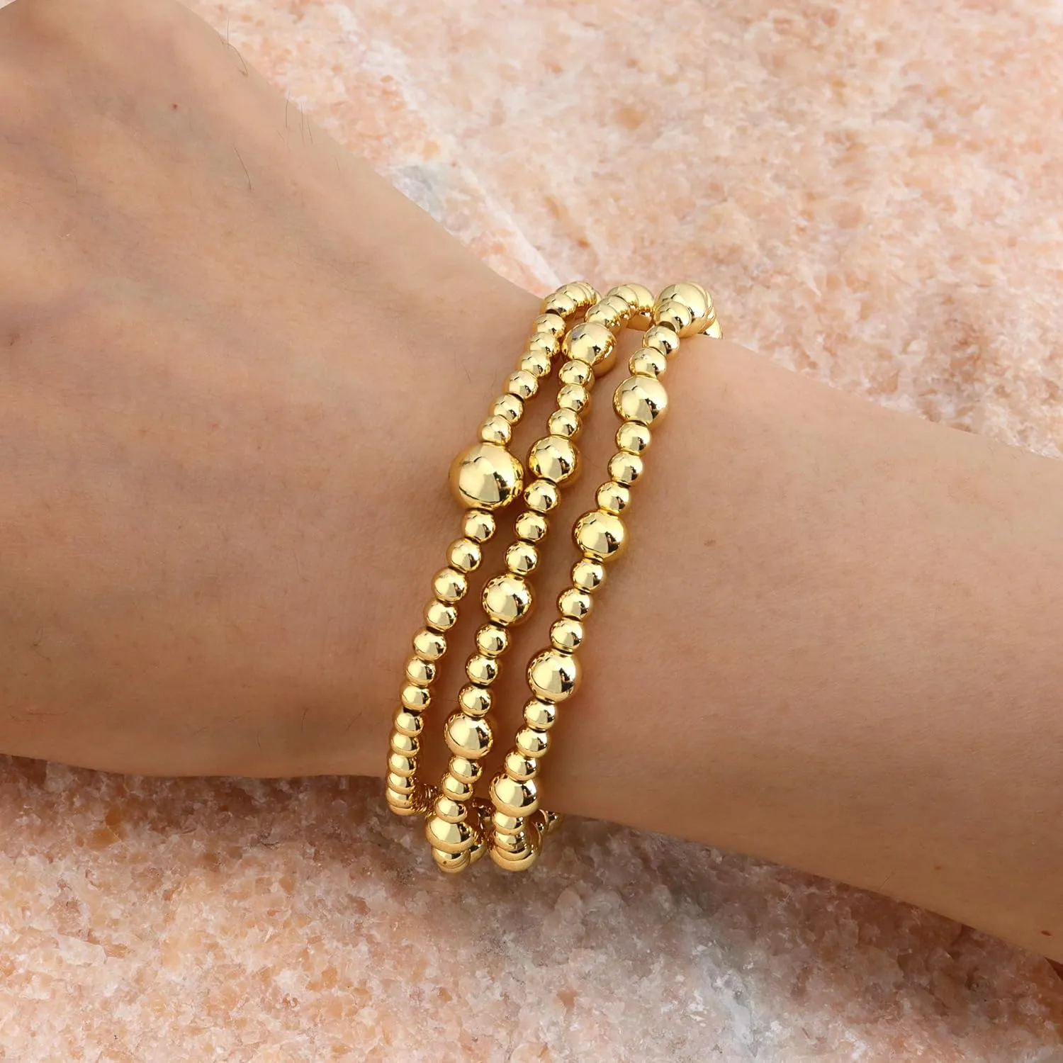 Reoxvo Gold Beaded Bracelets for Women Non Tarnish Stack 14K Gold Plated Stretch Elastic Bead Ball Bracelet Jewelry Set for Women Trendy