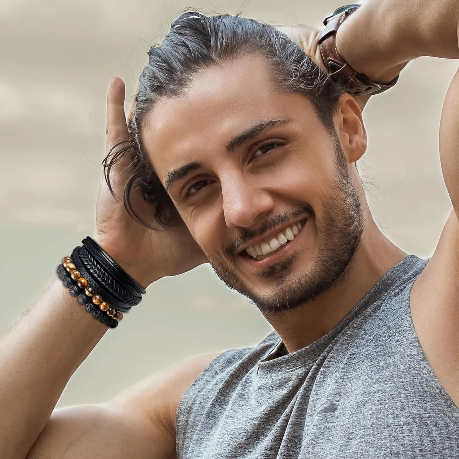 REVOLIA 3Pcs Mens Multi-Layer Braided Leather Bracelets with Clasp Lava Rock Tiger Eye Gemstone Beaded Bracelets for Men Natural Stone Beads Bracelets Adjustable Handmade Bracelet Set