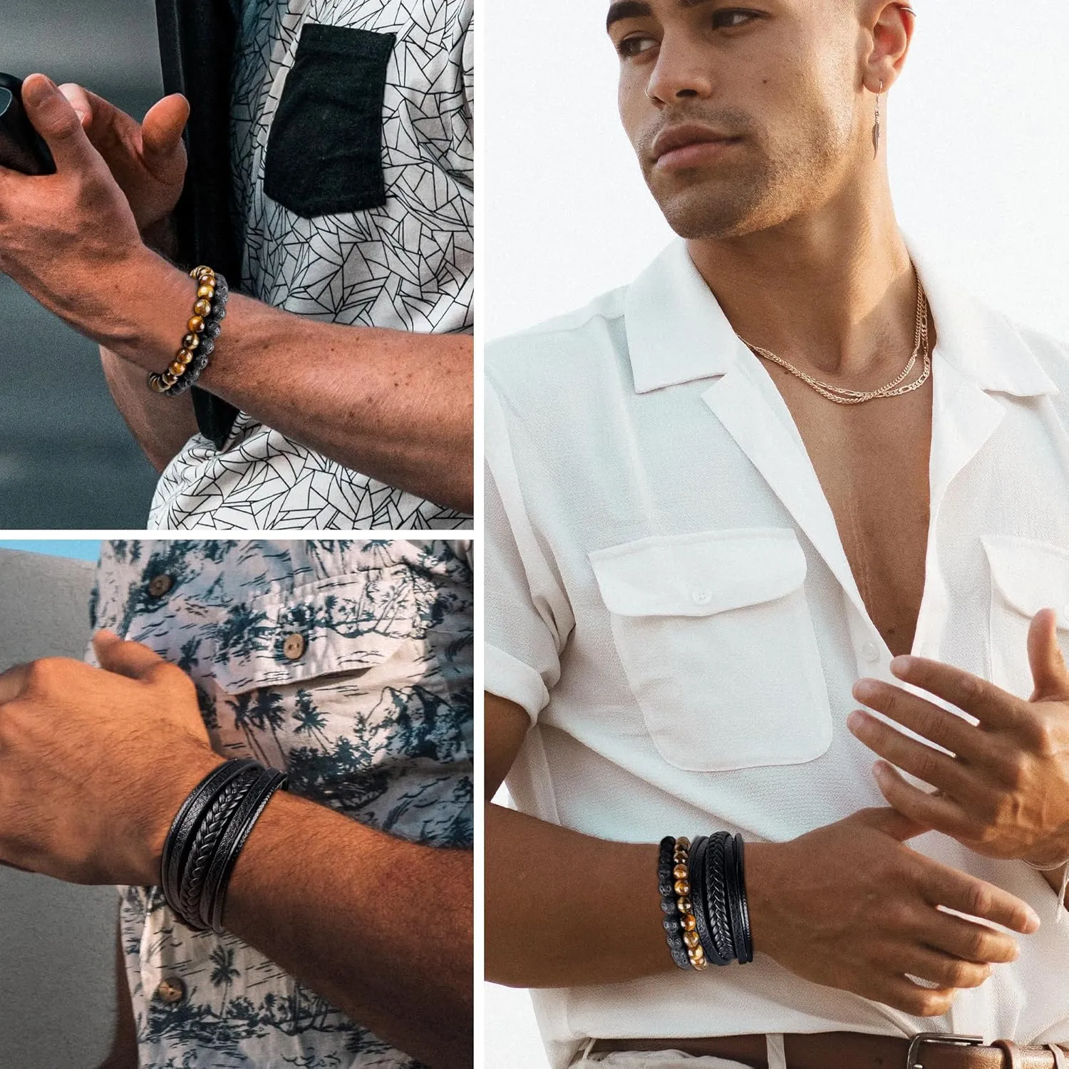 REVOLIA 3Pcs Mens Multi-Layer Braided Leather Bracelets with Clasp Lava Rock Tiger Eye Gemstone Beaded Bracelets for Men Natural Stone Beads Bracelets Adjustable Handmade Bracelet Set