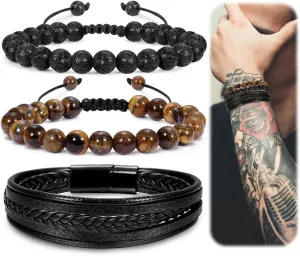 REVOLIA 3Pcs Mens Multi-Layer Braided Leather Bracelets with Clasp Lava Rock Tiger Eye Gemstone Beaded Bracelets for Men Natural Stone Beads Bracelets Adjustable Handmade Bracelet Set