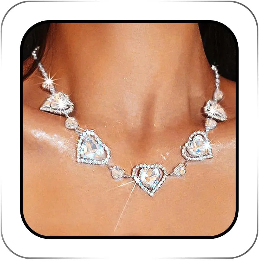 Rhinestone Heart Choker Necklace Silver Sparkly Crystal Chokers Chain Love Party Prom Neck Jewelry for Women