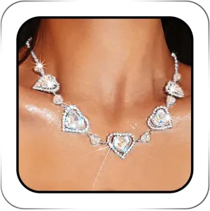 Rhinestone Heart Choker Necklace Silver Sparkly Crystal Chokers Chain Love Party Prom Neck Jewelry for Women