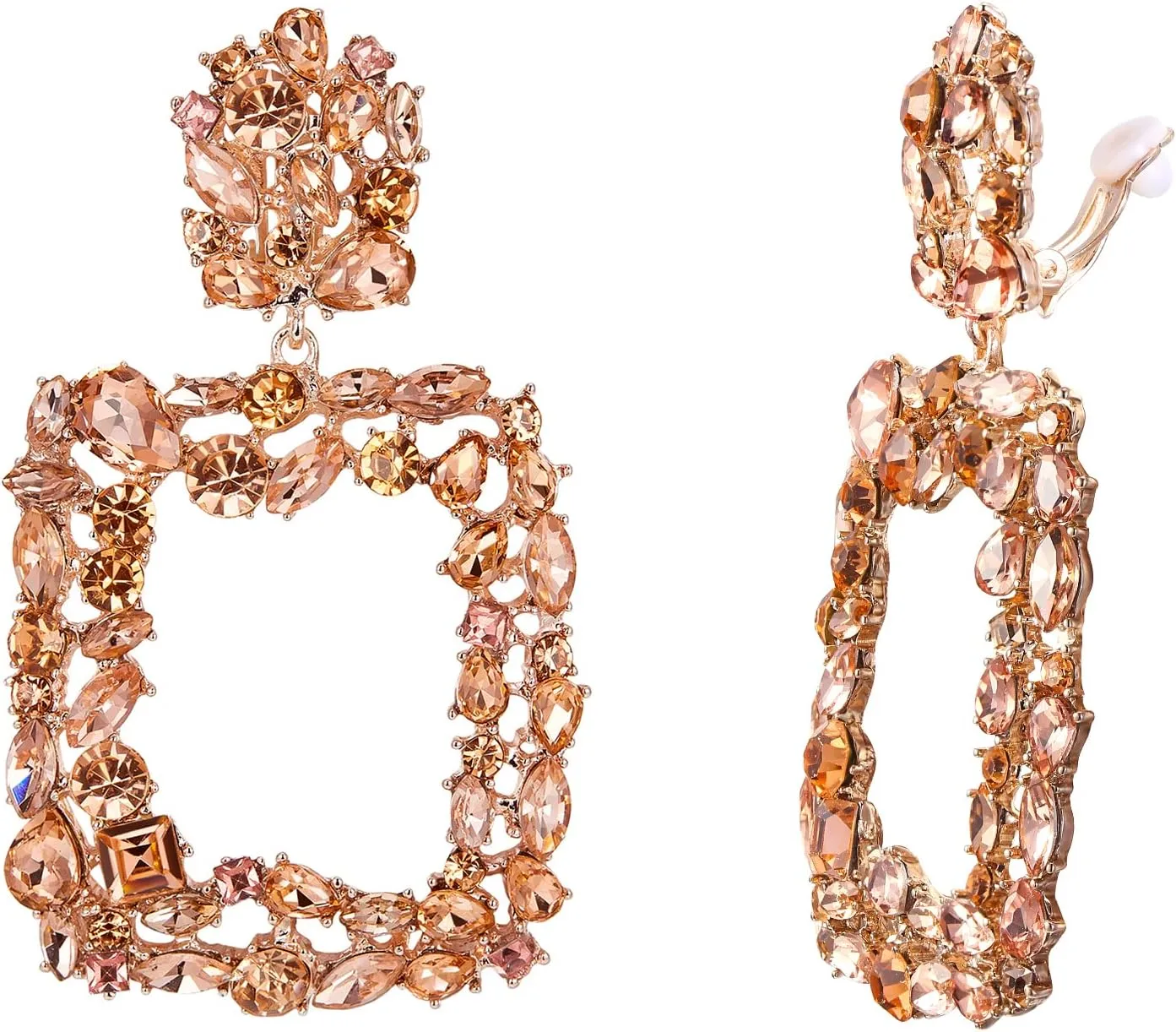 Rhinestone Rectangle Earrings Clip-on Geometric Statement Drop Dangle Earring for Women