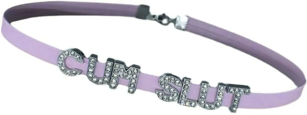 Rhomba Pink CUM SLUT Chokers For Women,PU Leather Collar For Girl Friend,Rhinestone Sexy Leash Necklace Jewelry For Wife