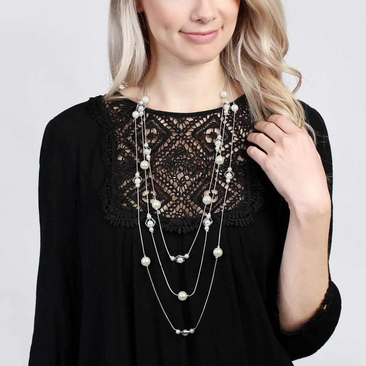 RIAH FASHION Acrylic Faux Pearl Statement Necklace - Bridal Wedding Drape Long Wrap Multi Layer Simple Necklace Braided, Twisted, Bib, Hammock, Layering