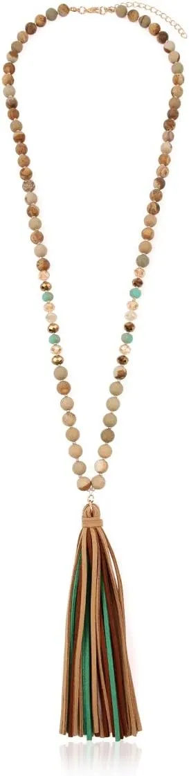 RIAH FASHION Bohemian Tassel Statement Necklace - Lightweight Fabric Faux Suede Fringe Long Bead Chain