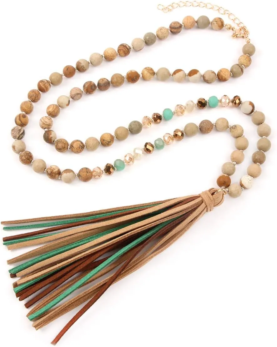 RIAH FASHION Bohemian Tassel Statement Necklace - Lightweight Fabric Faux Suede Fringe Long Bead Chain