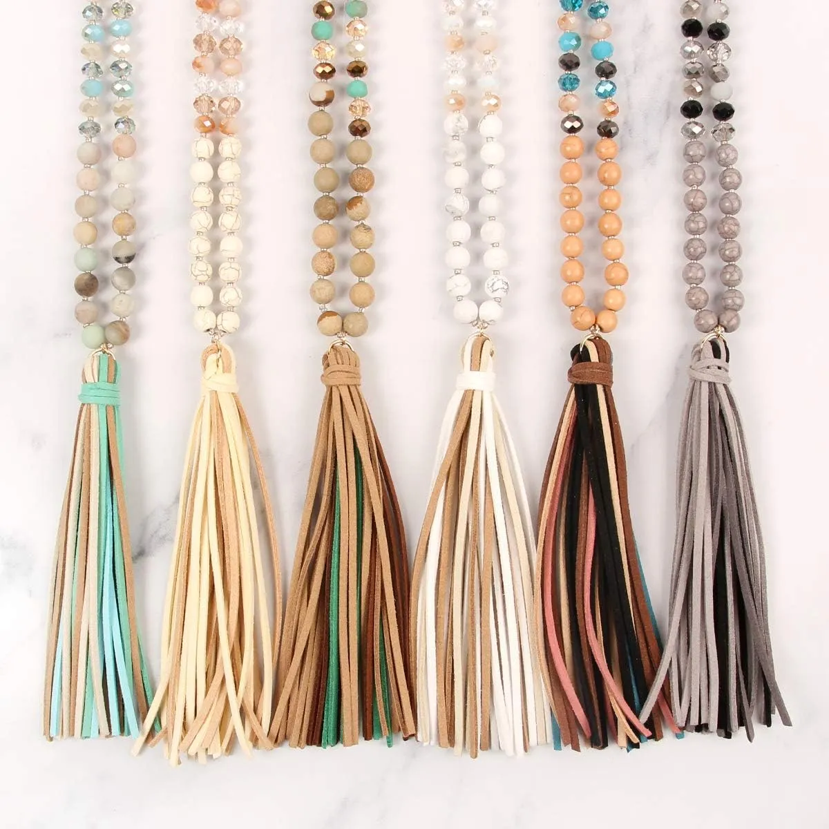 RIAH FASHION Bohemian Tassel Statement Necklace - Lightweight Fabric Faux Suede Fringe Long Bead Chain