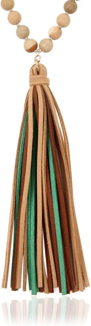 RIAH FASHION Bohemian Tassel Statement Necklace - Lightweight Fabric Faux Suede Fringe Long Bead Chain