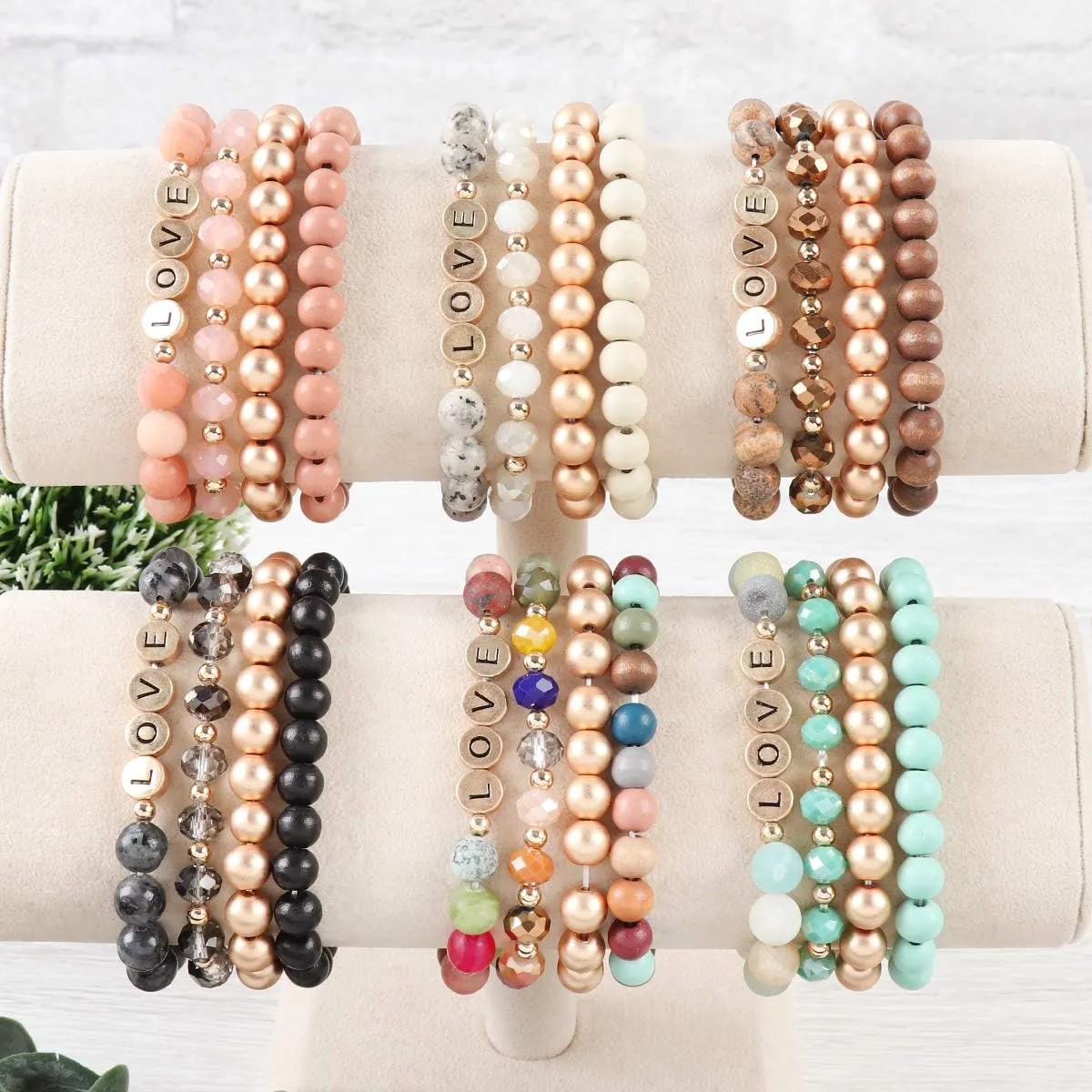 RIAH FASHION Inspirational Lettering Beaded Stretch Bracelet - Religious Christian Cross Strand Wood Mix, Sparkly Crystal Prayer Cuff Bangle