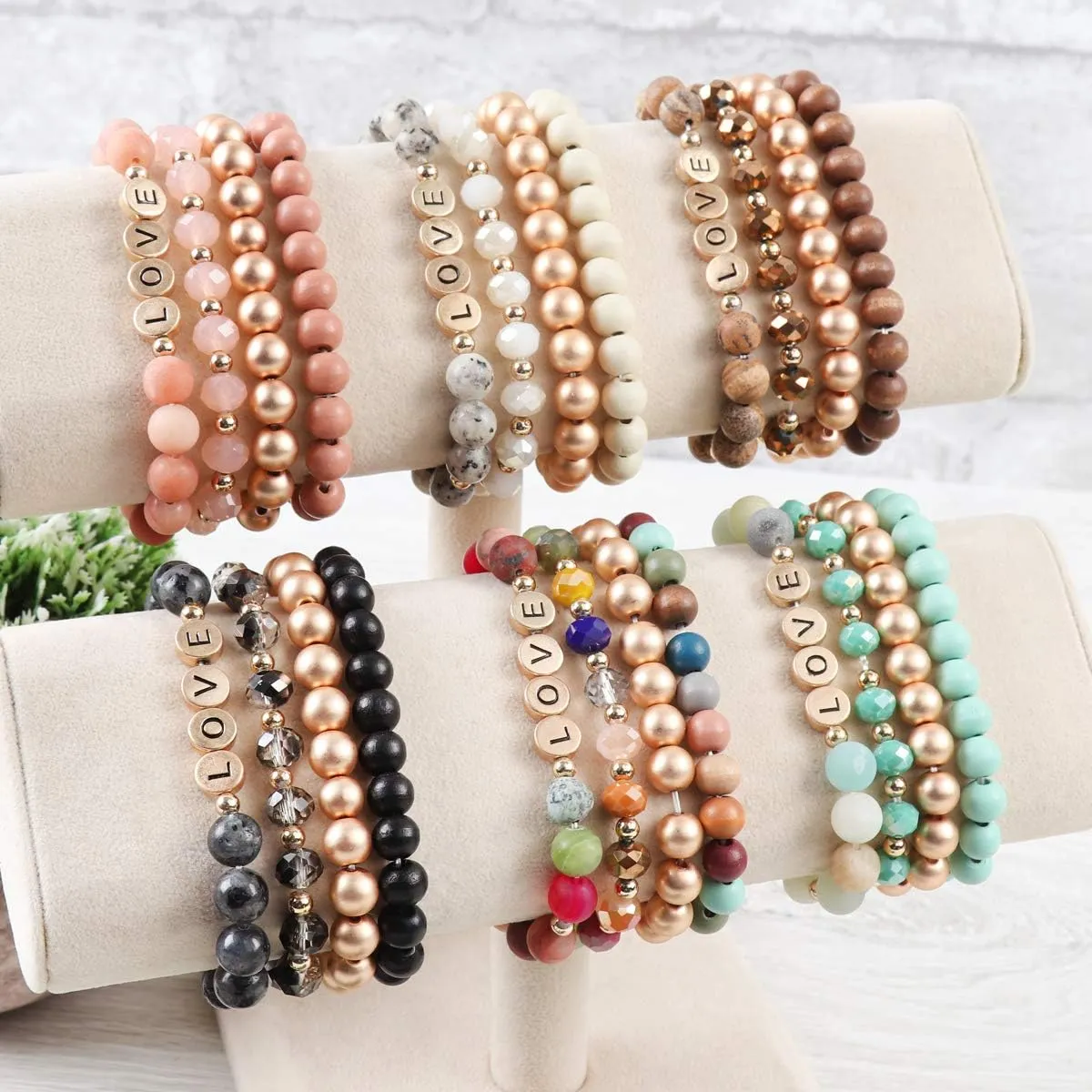 RIAH FASHION Inspirational Lettering Beaded Stretch Bracelet - Religious Christian Cross Strand Wood Mix, Sparkly Crystal Prayer Cuff Bangle