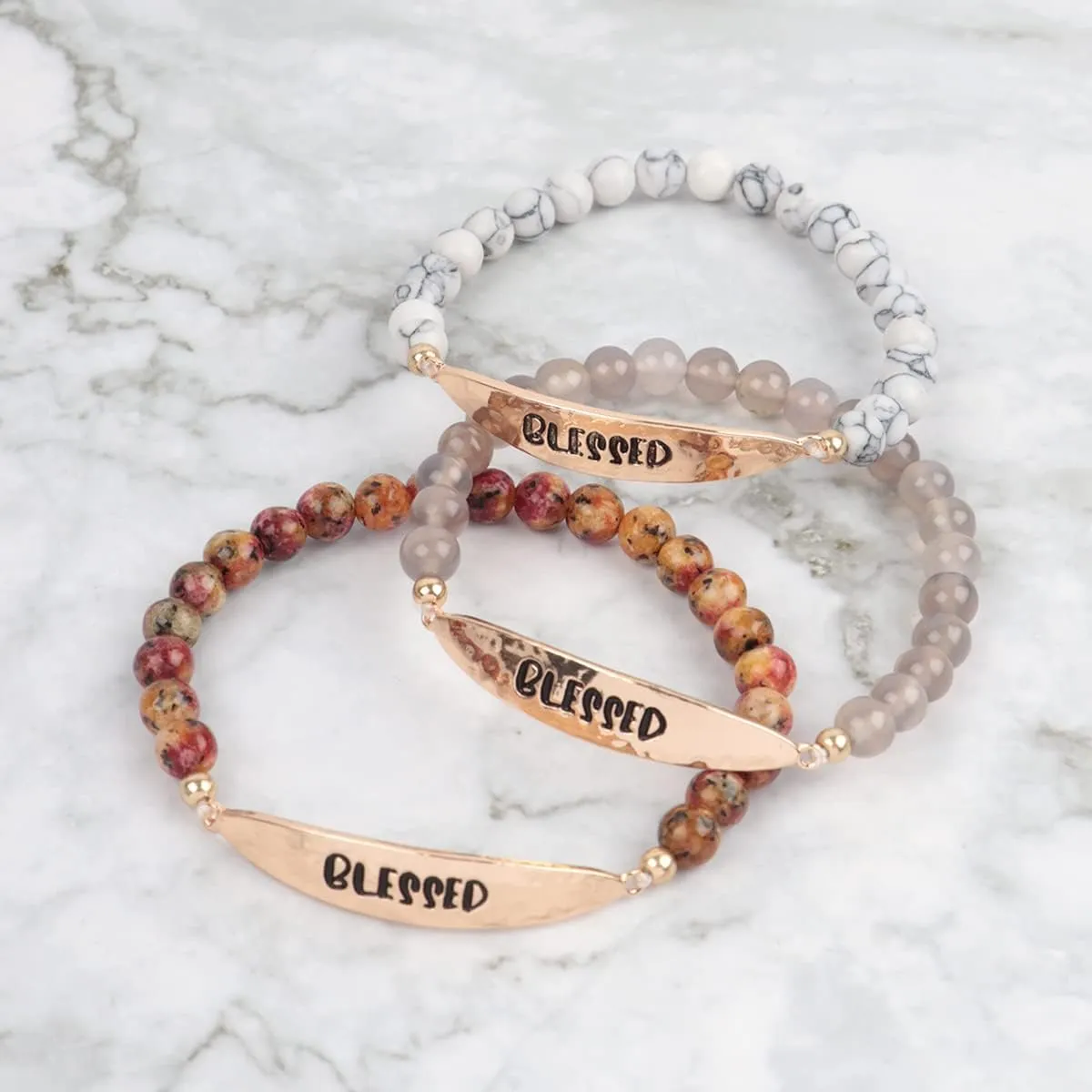 RIAH FASHION Inspirational Quote Message Prayer Beaded Bracelet - Christian Bible Cuff Blessed, Faith, Love, Hope Natural Stone Bead Stretch Bangle