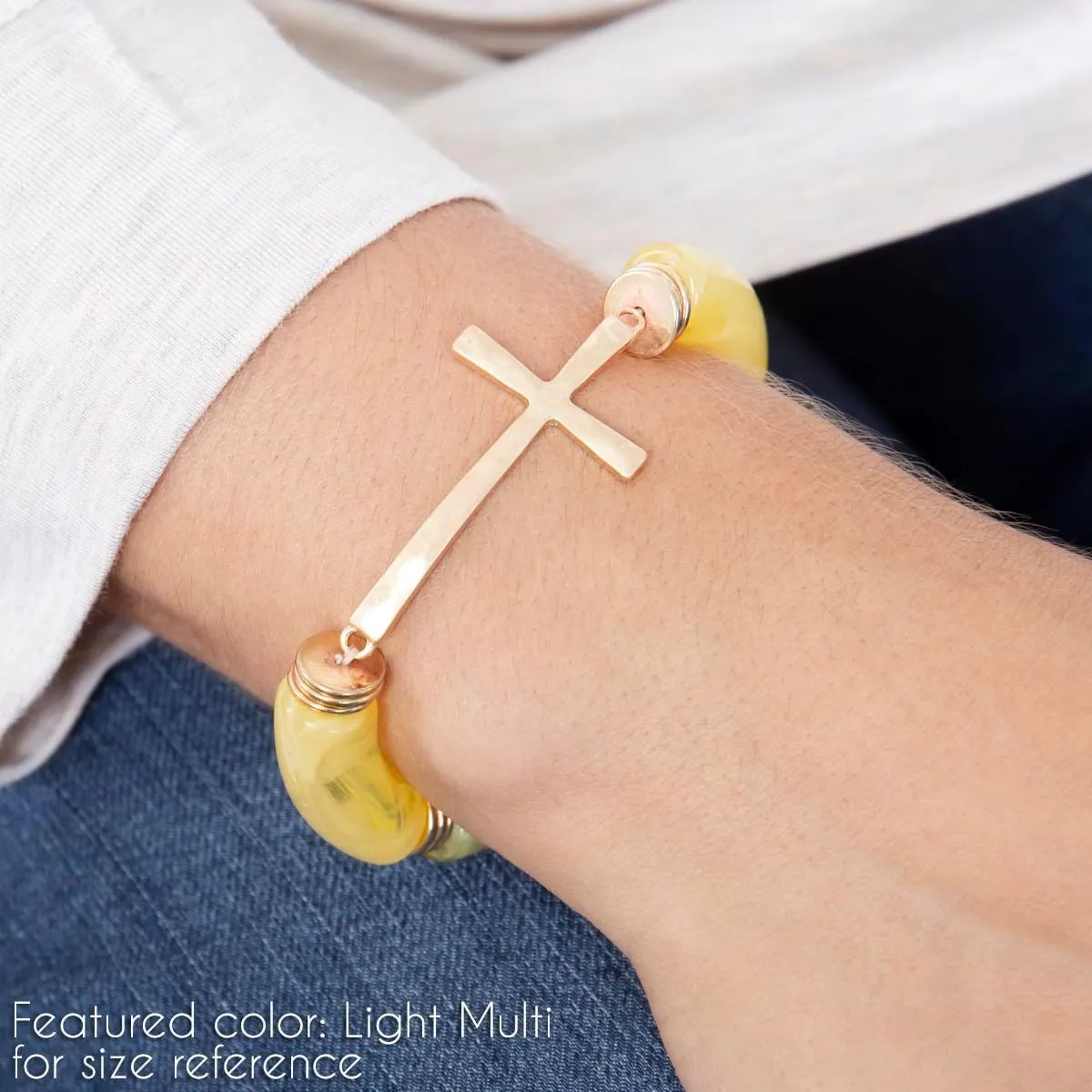 RIAH FASHION Religious Cross Bead Stacking Beaded Stretch Statement Bracelets - Inspirational Message Sparkly Crystal, Wood Bible Christian Prayer Bangle Set