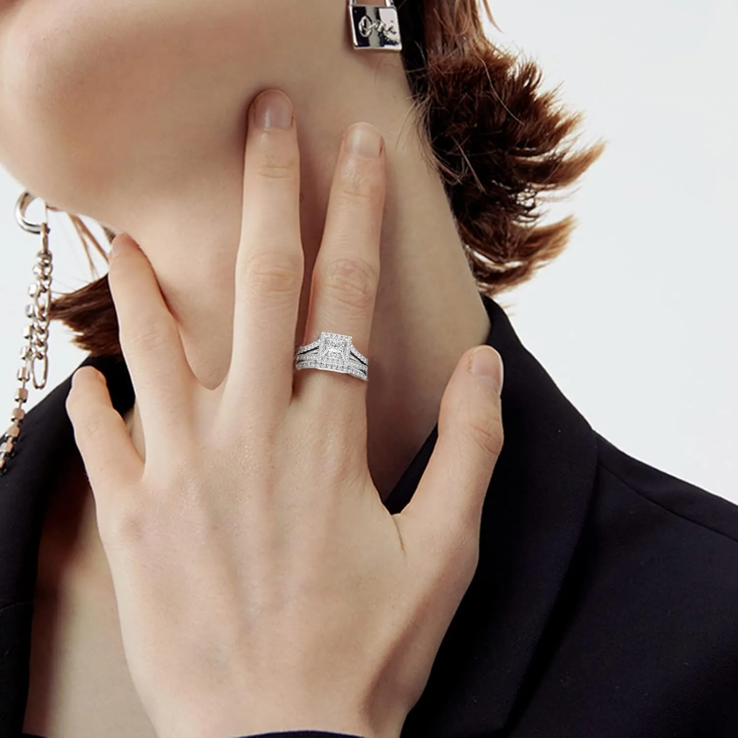 Rings Zircon Inlaid Gold-Plated Jewelry Couple Ring Classic Rings (Silver-A, 5)