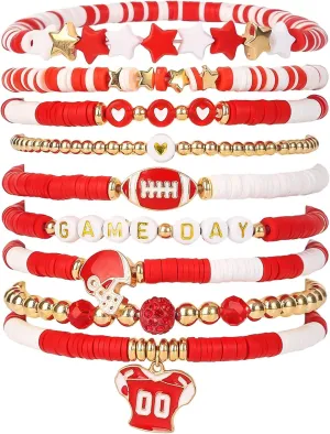 RINHOO FRIENDSHIP Game Day Bracelets Set for Women Men Football Bracelets Stack Beaded Stretch Red Black Blue Clay Beaded Stretch Bracelets Stackable Sports Charm Bracelet Jewelry Accessories (Red White-9)
