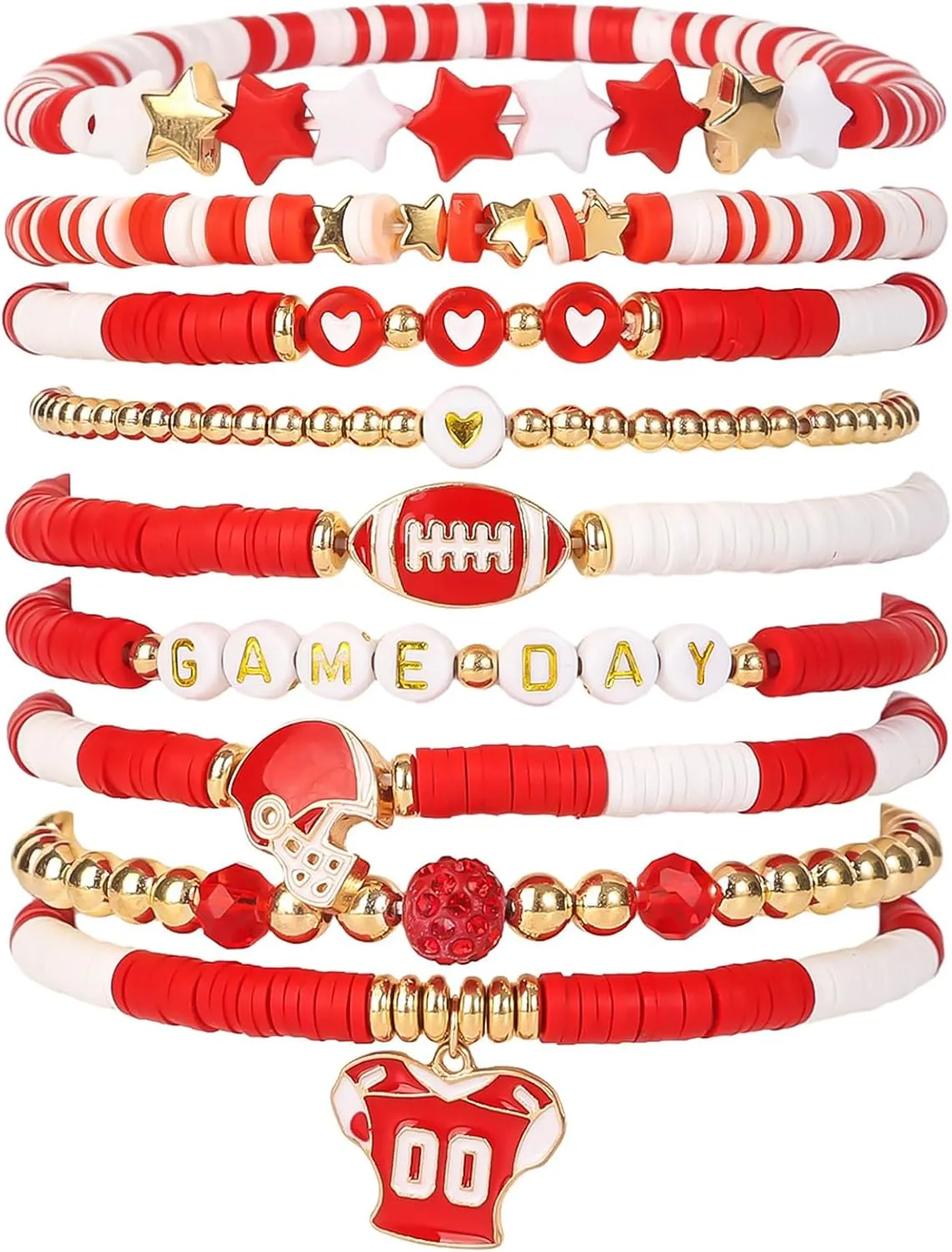 RINHOO FRIENDSHIP Game Day Bracelets Set for Women Men Football Bracelets Stack Beaded Stretch Red Black Blue Clay Beaded Stretch Bracelets Stackable Sports Charm Bracelet Jewelry Accessories (Red White-9)