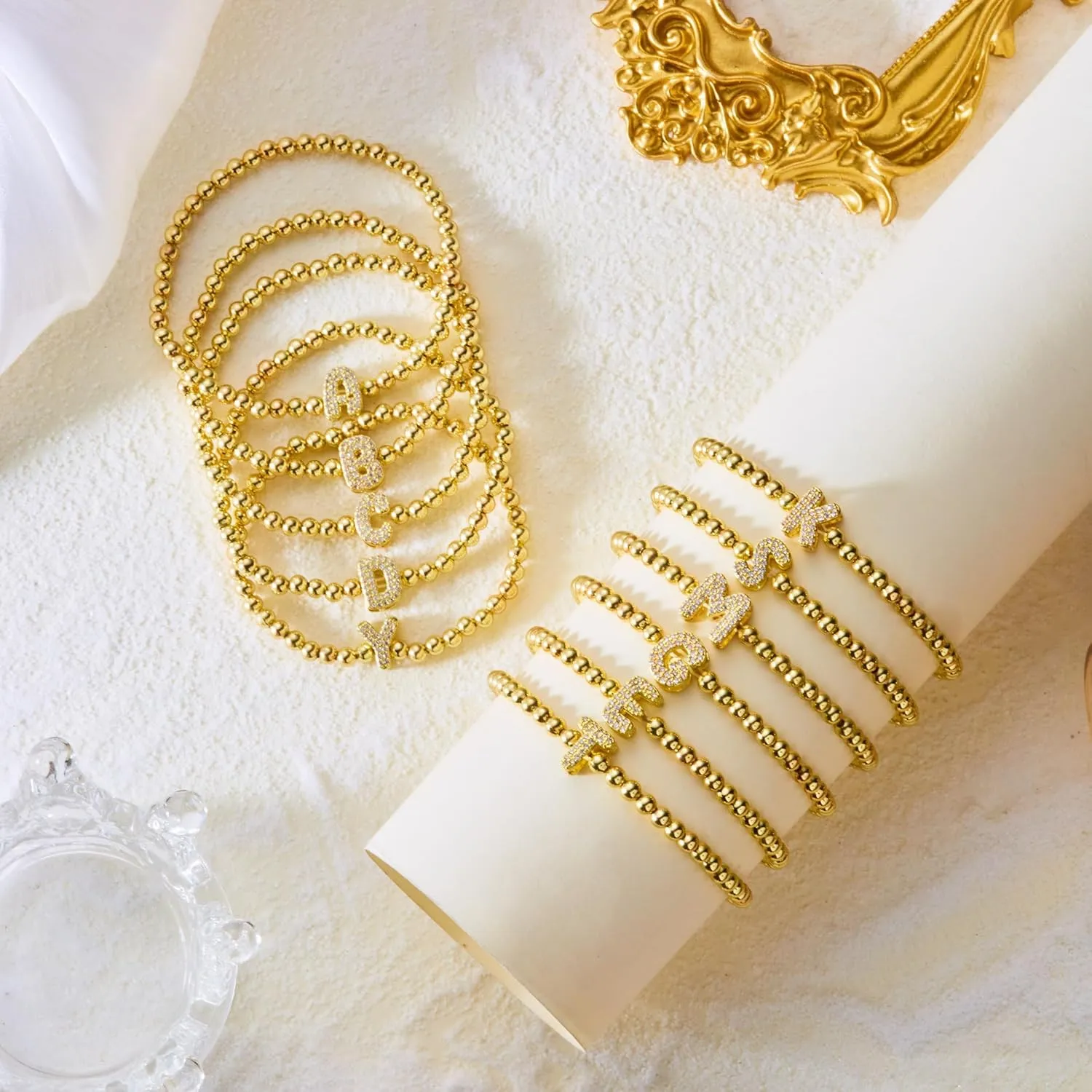 RINHOO Initial Bracelets for Women Dainty 18K Gold Plated Strand Beaded Bracelets with A-Z Crystal Letter Charm Jewelry Gifts for Mother's Day Christmas