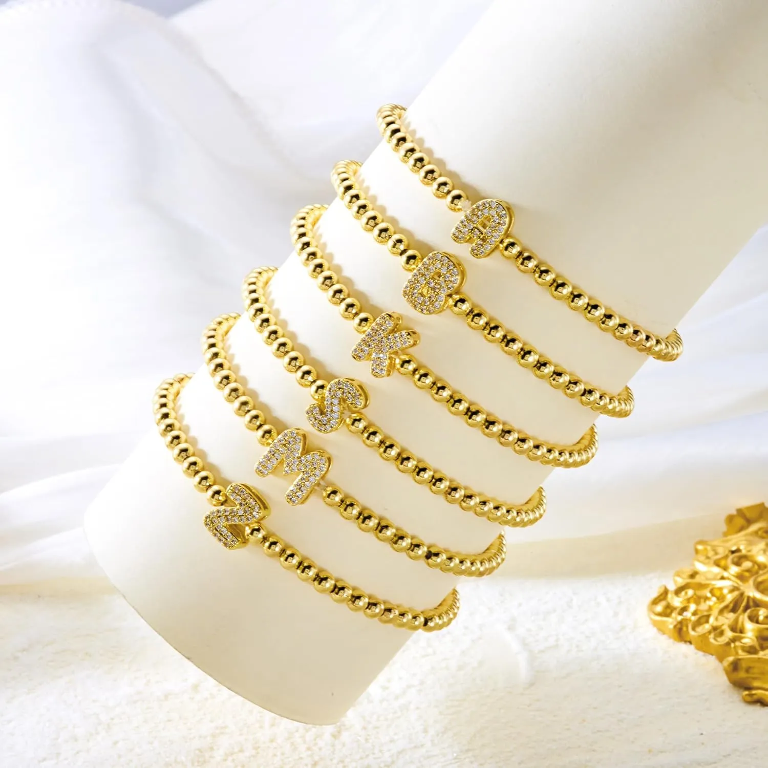 RINHOO Initial Bracelets for Women Dainty 18K Gold Plated Strand Beaded Bracelets with A-Z Crystal Letter Charm Jewelry Gifts for Mother's Day Christmas