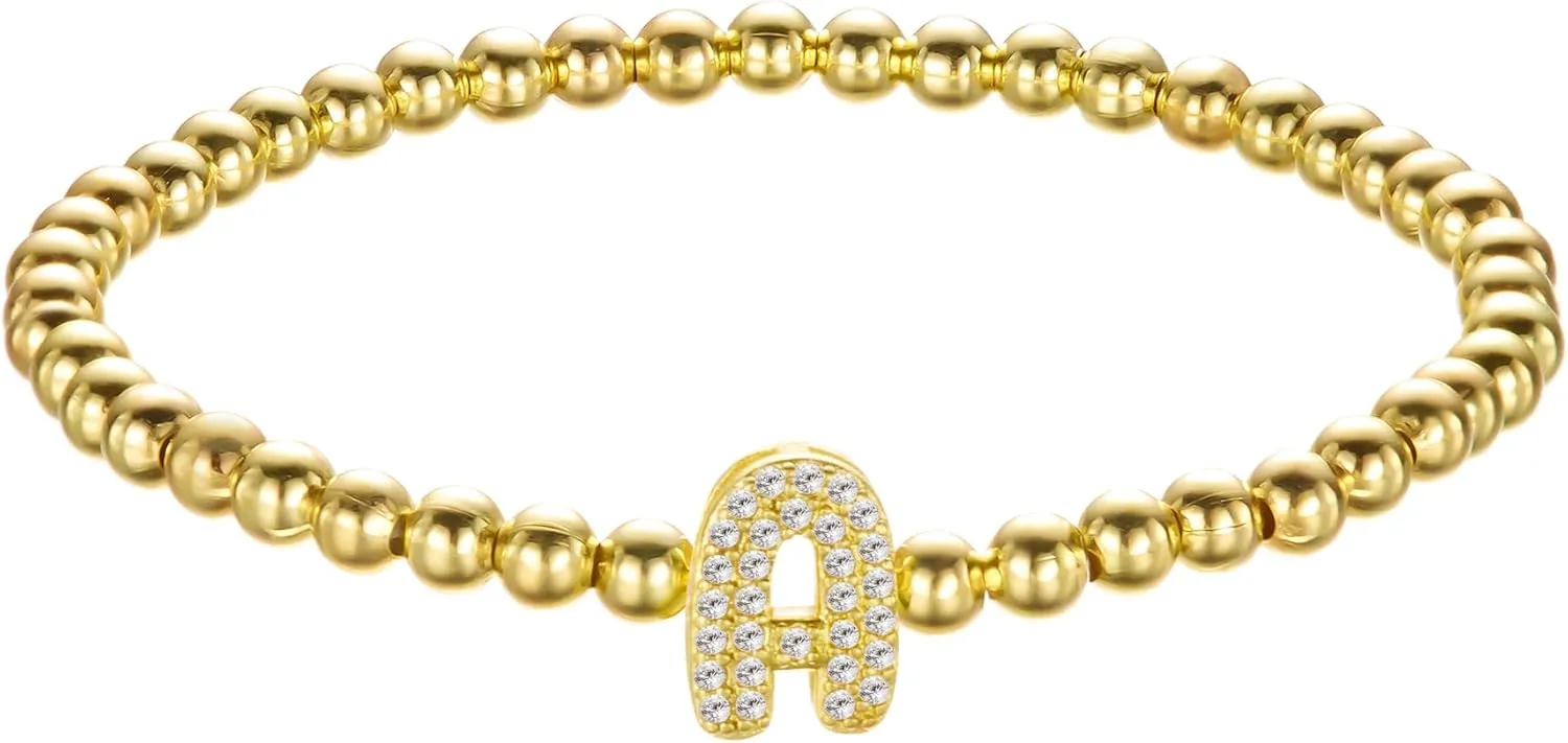 RINHOO Initial Bracelets for Women Dainty 18K Gold Plated Strand Beaded Bracelets with A-Z Crystal Letter Charm Jewelry Gifts for Mother's Day Christmas