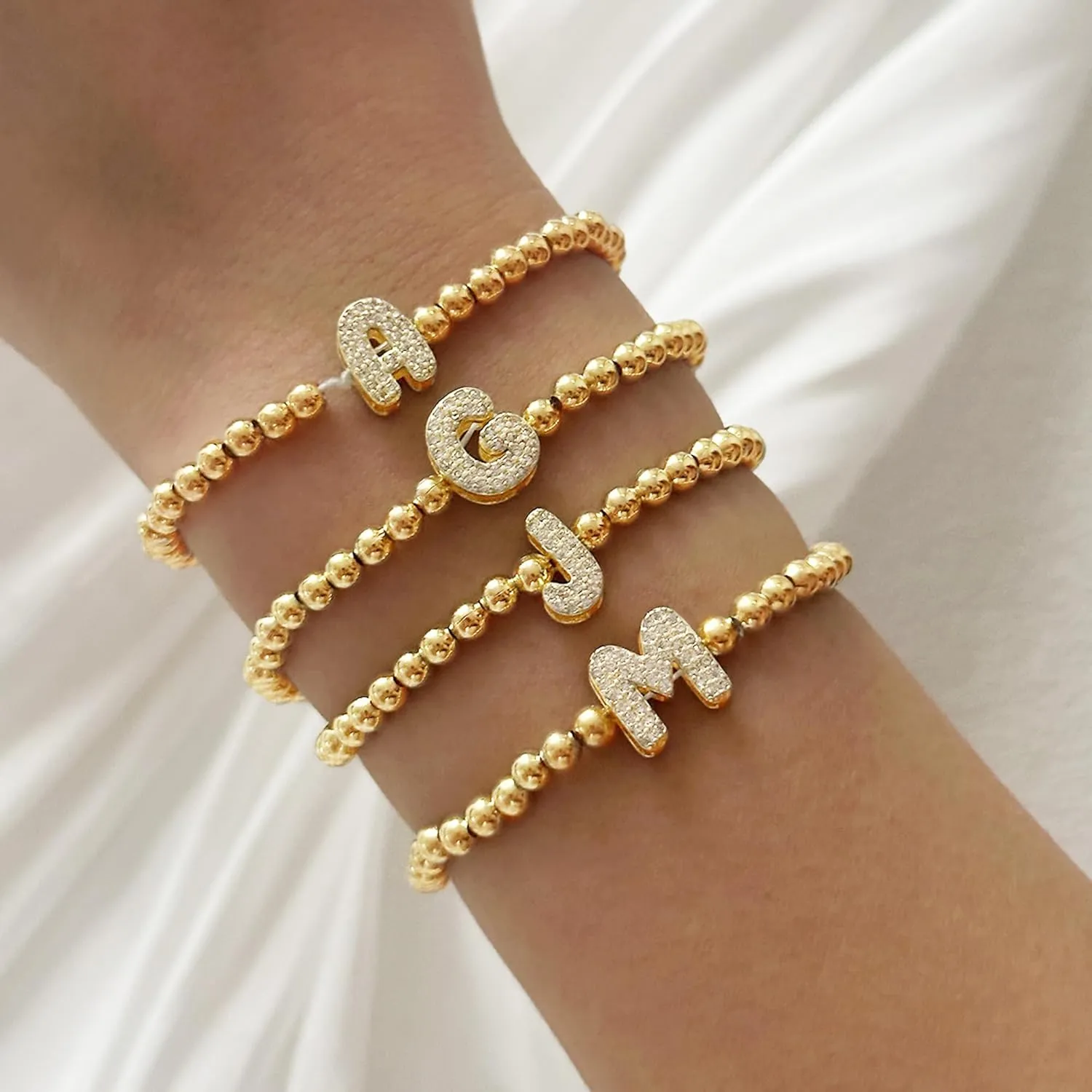 RINHOO Initial Bracelets for Women Dainty 18K Gold Plated Strand Beaded Bracelets with A-Z Crystal Letter Charm Jewelry Gifts for Mother's Day Christmas