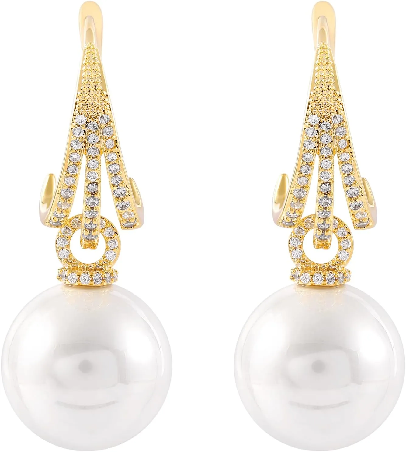 Round Imitation Pearl Hoop Earrings for Women, Jewelry Gifts with Cubic Zirconia, Two Ways to Wear 14K Gold Plated Copper Earrings Jewelry Gifts for Women