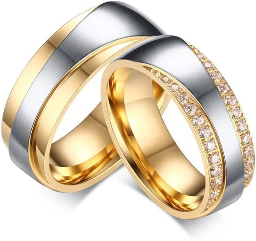 ROWAG 7MM Cubic Zirconia Stainless Steel Womens CZ Couple Wedding Rings for Him and Her Mens Promise Engagement Bands