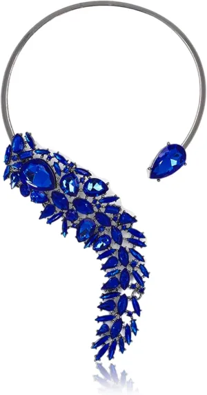 Royal Blue Chunky Necklaces Summer Costume Jewelry for Women - Crystal Feather Open Collar Prom Necklace with Navy Blue Stone,Graduation Gifts