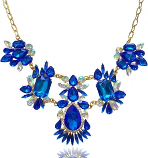 Royal Blue Rhinestone Statement Necklace Costume Jewelry for Women Prom - Iridescent Shine Chunky Bib Collar Gold Paper-Clip Chain,Gradutiaon Gifts