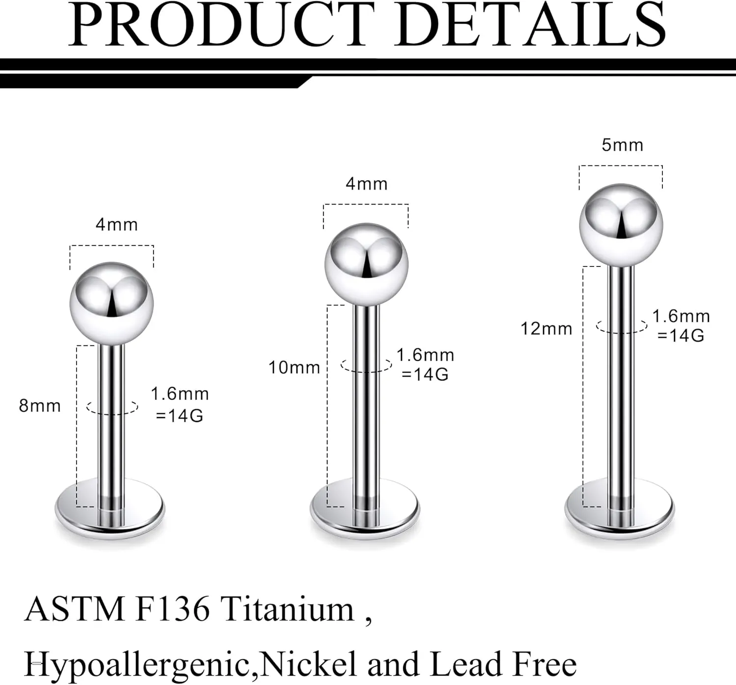 Ruifan Titanium Flat Back Lip Rings Externally Threaded Earrings Studs Nose Rings 20G 18G 16G 14G Ball Spike Tragus Cartilage Lobe Rook Helix Conch Labret Medusa Nostril Piercing Jewelry for Women Men