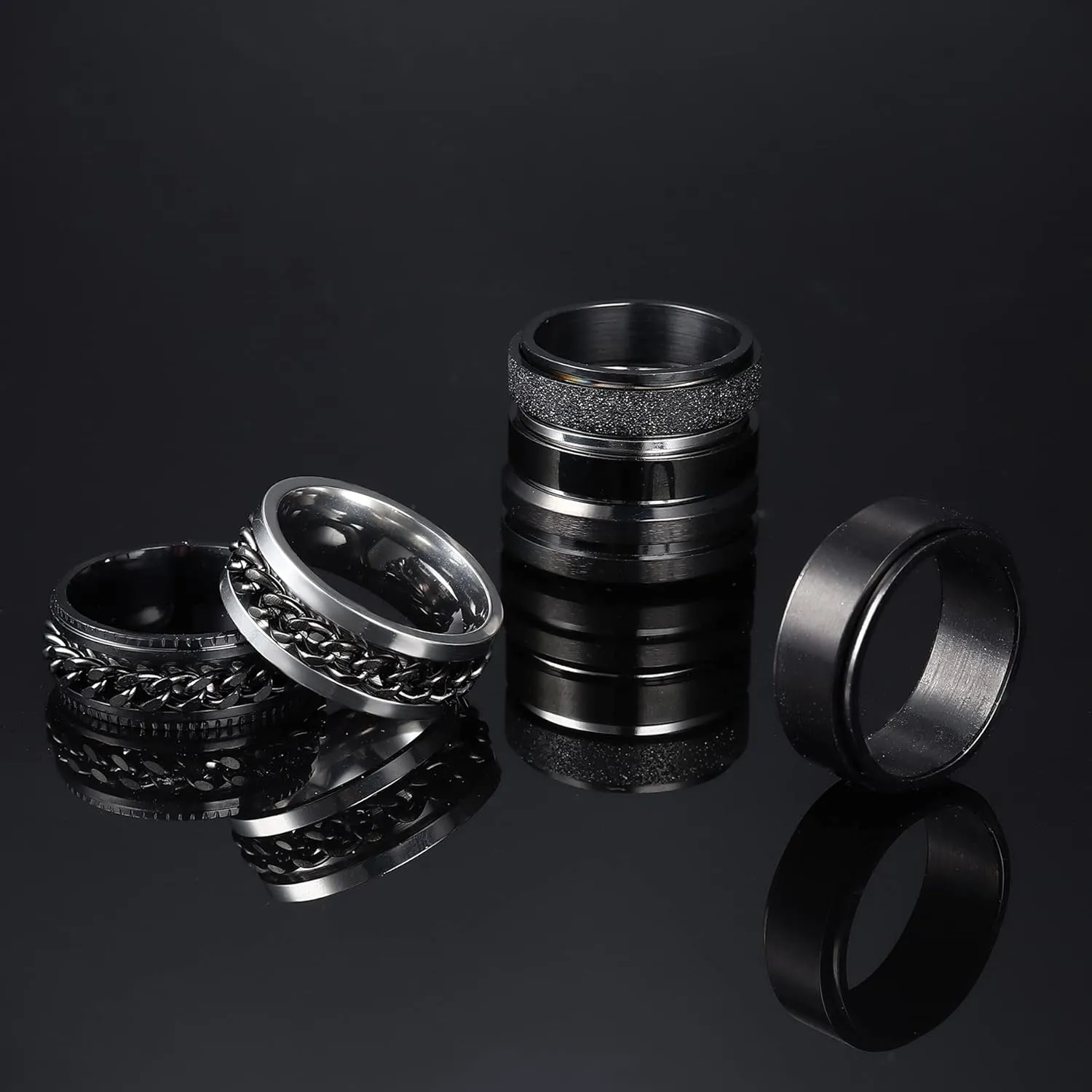 SAILIMUE 6 Pcs 6/8 MM Black Spinner Rings for Men Women Stainless Steel Fidget Ring Anxiety Stress Relieving Cool Chain Fashion Ring Set Wedding Promise Band Rings Size 7-13