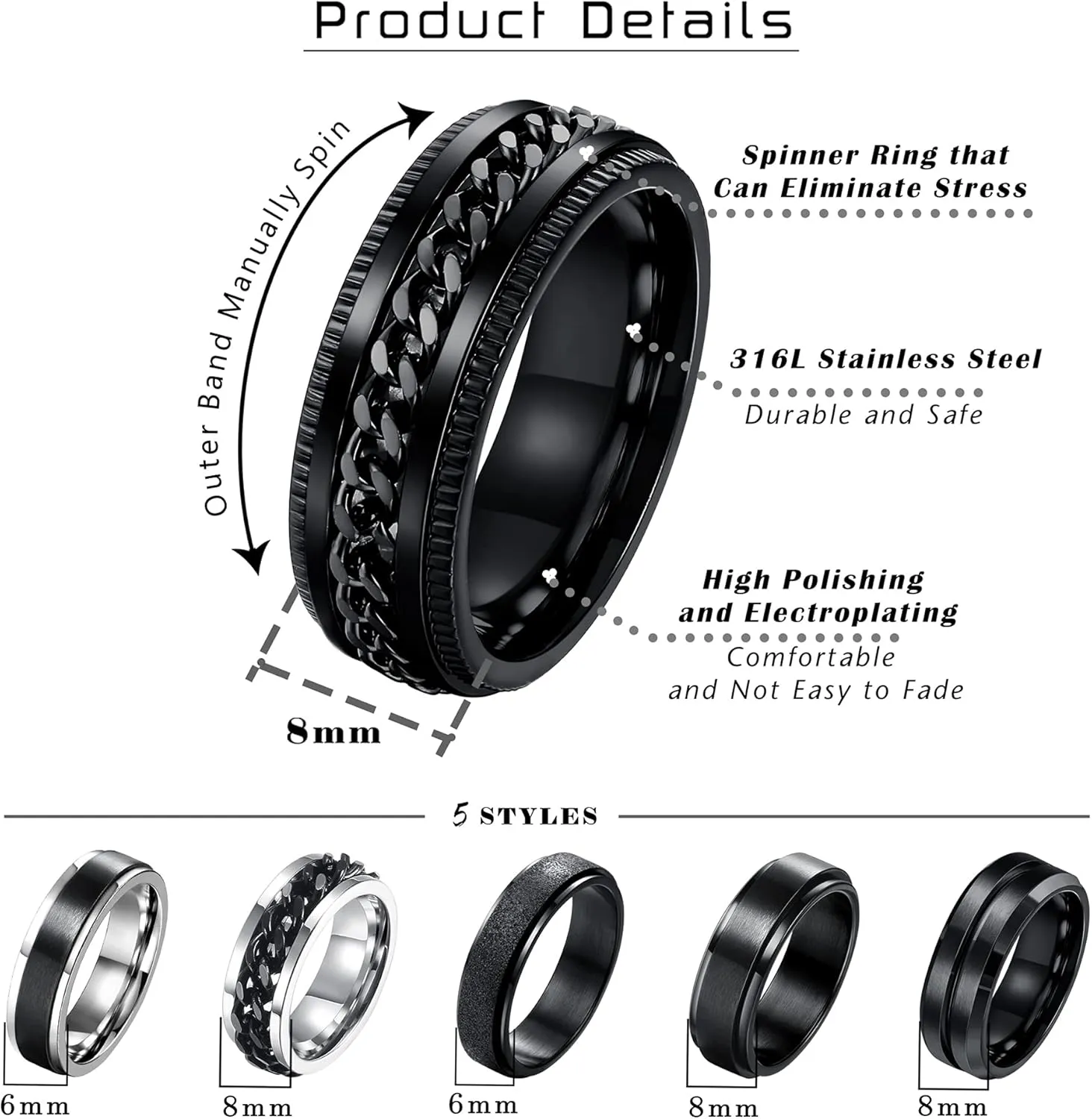 SAILIMUE 6 Pcs 6/8 MM Black Spinner Rings for Men Women Stainless Steel Fidget Ring Anxiety Stress Relieving Cool Chain Fashion Ring Set Wedding Promise Band Rings Size 7-13